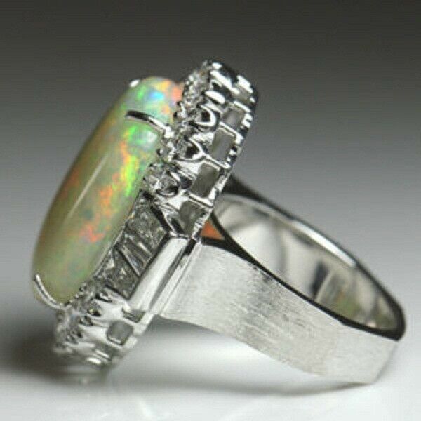 8CT Oval Cut Fire Opal 14k White Gold Over Halo Diamond Cocktail Party Wear Ring - atjewels.in