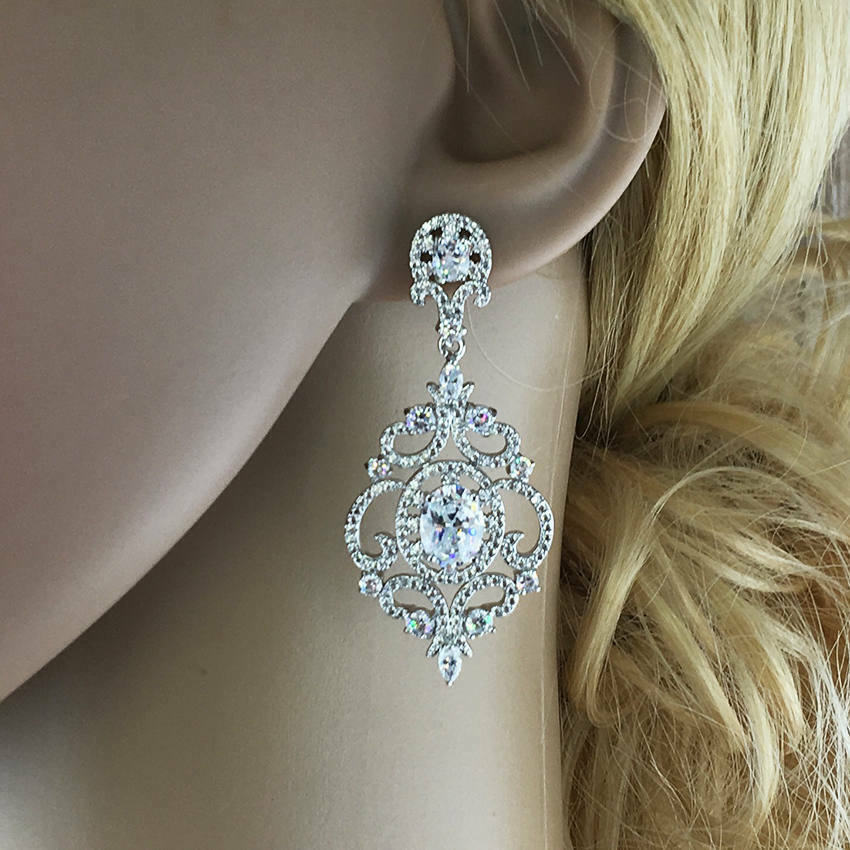3 CT Oval Round Cut Diamond 14k White Gold Over Cluster Chandelier Drop Earrings - atjewels.in
