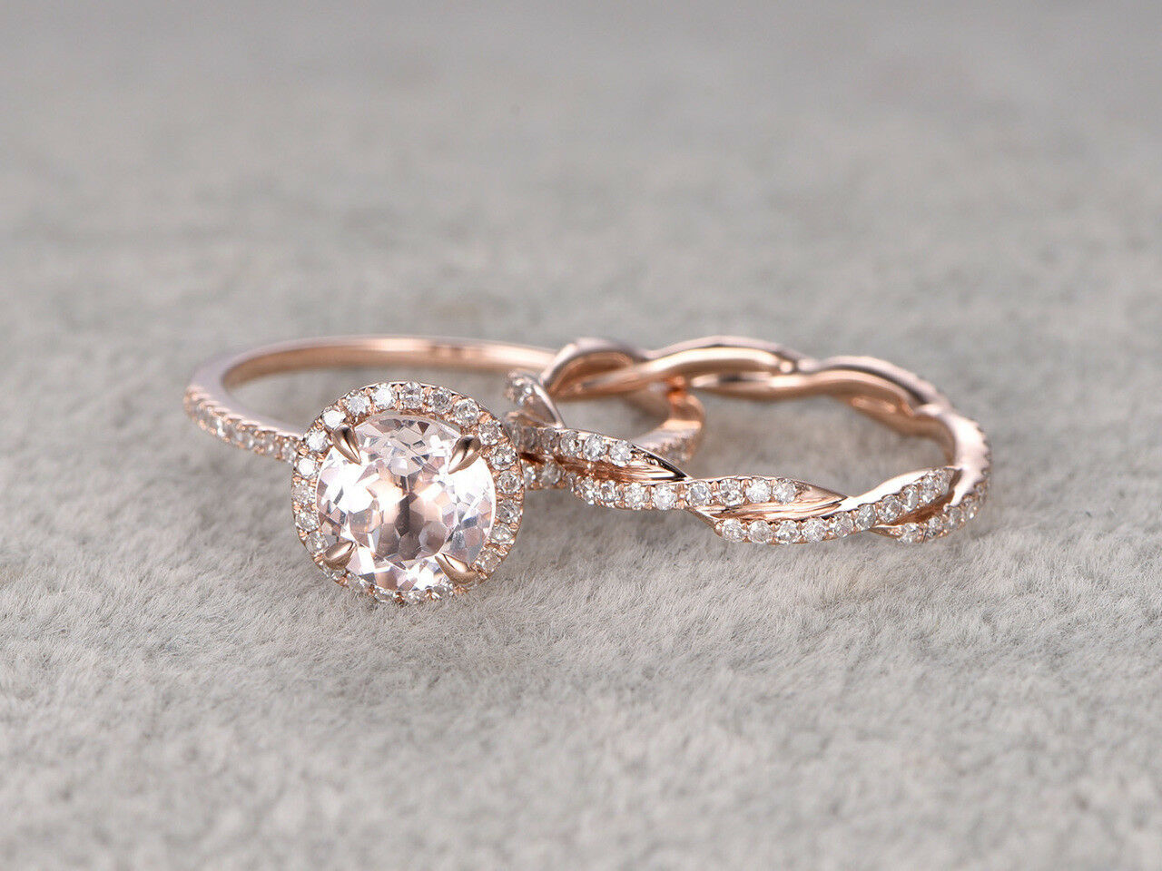 2CT Round Cut Morganite Diamond Twisted Wedding Bridal Ring Set 14k Rose Gold FN - atjewels.in