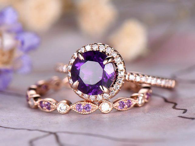 2CT Round Cut Amethyst 14k Gold Over Eternity Engagement Diamond Bridal Set Ring - atjewels.in