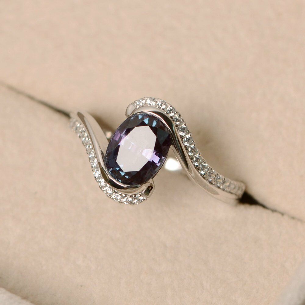 14k Solid White Gold Over 2CT Oval Cut Alexandrite Diamond Solitaire Bypass Ring - atjewels.in