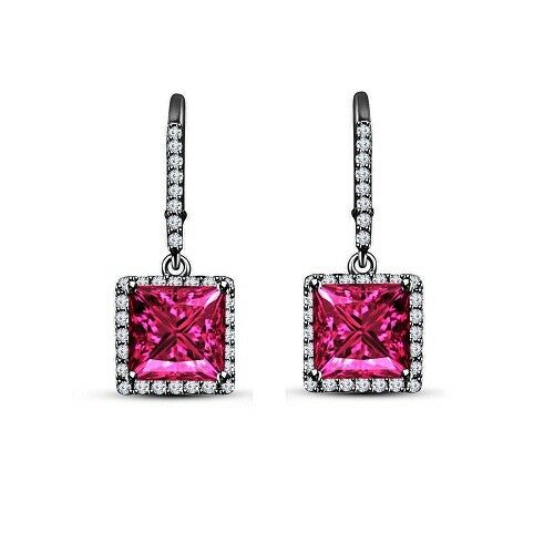 Princess Cut Sapphire 14k Black Gold Over Drop Dangle Leverback Wedding Earrings - atjewels.in