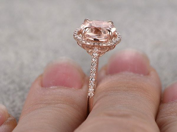14k Rose  Gold Over 1 Ct Round Cut Pink Morganite & Diamond Halo Engagement Ring - atjewels.in