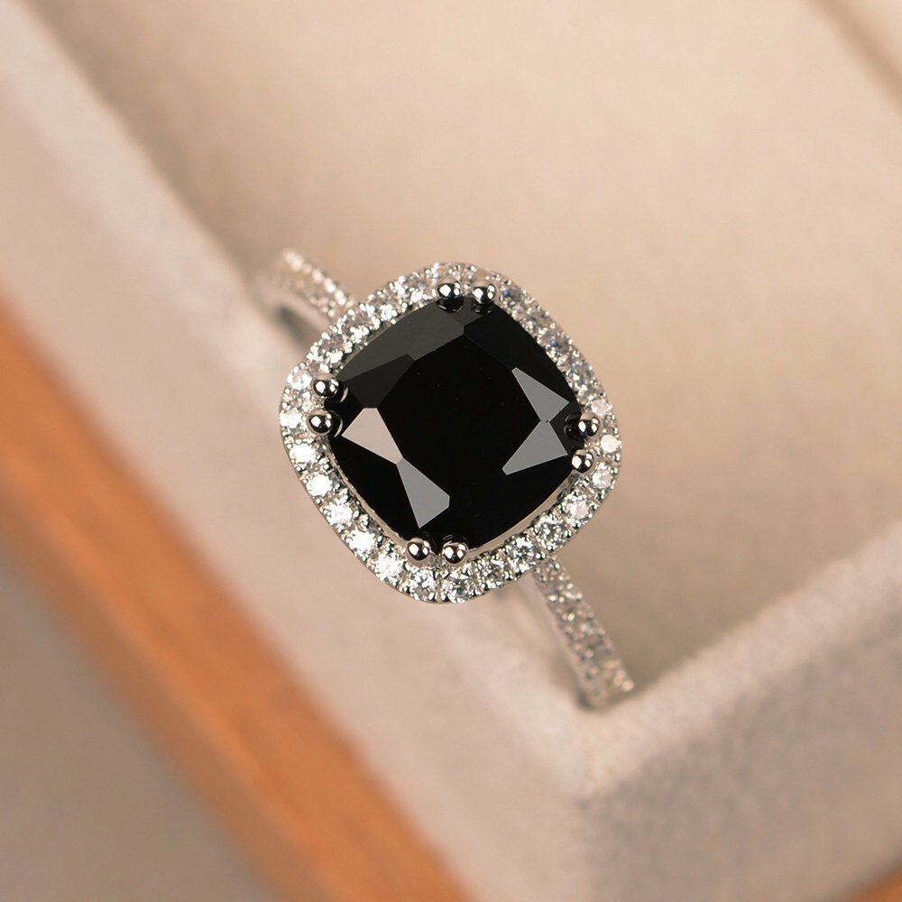 2 CT Cushion Cut Black & White Diamond 14k White Gold Over Halo Engagement Ring - atjewels.in