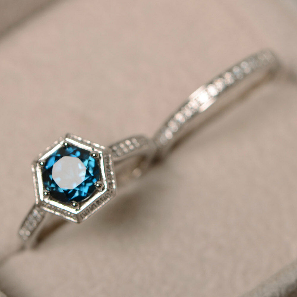 14k White Gold Over 2CT Round Cut London Blue Topaz Halo Diamond Engagement Ring - atjewels.in