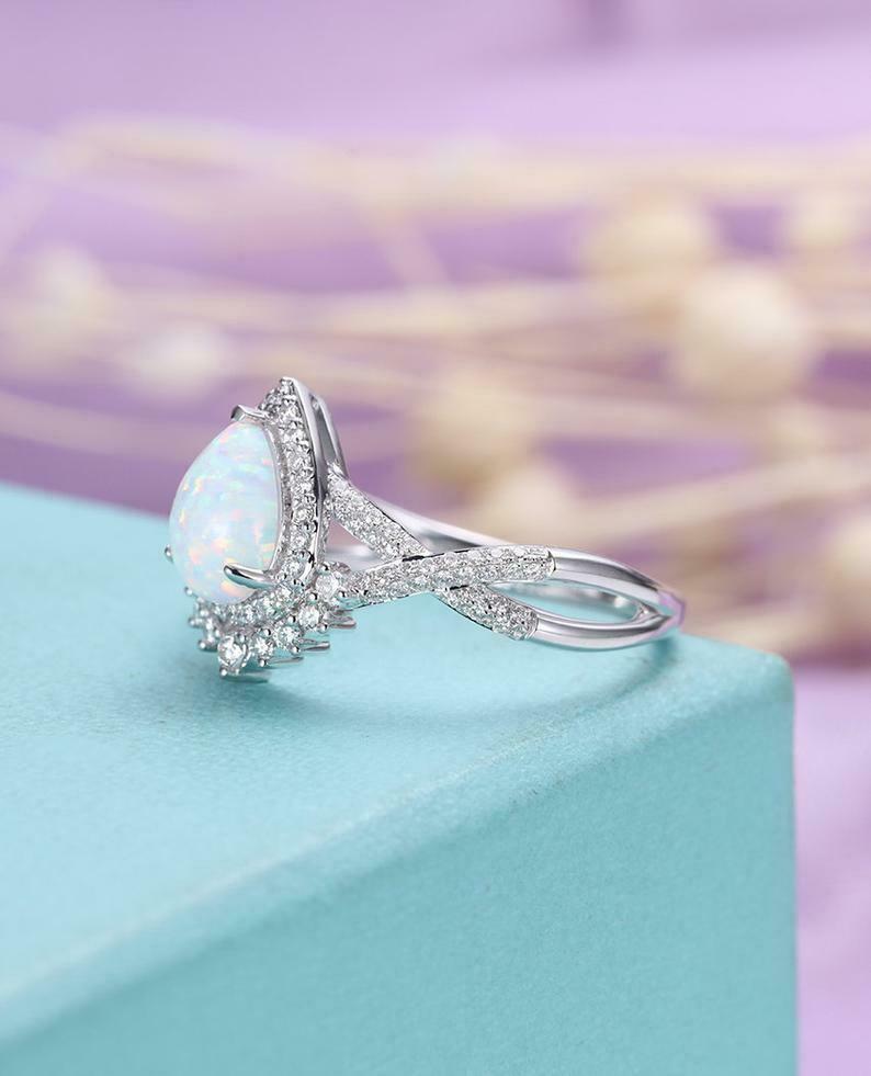 2 CT Pear Cut White Fire Opal 14k White Gold Over Diamond Vintage Halo Ring Set - atjewels.in