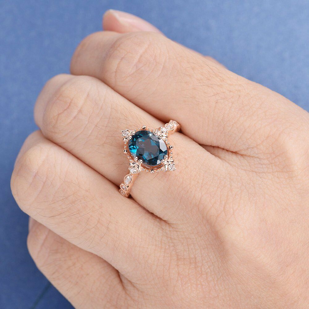 1CT Oval Cut London Blue Topaz 14k Rose Gold Over Solitaire Wedding Diamond Ring - atjewels.in
