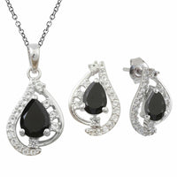 925 Sterling Silver Pear & Round Black & White CZ Pendant & Earrings Set - atjewels.in