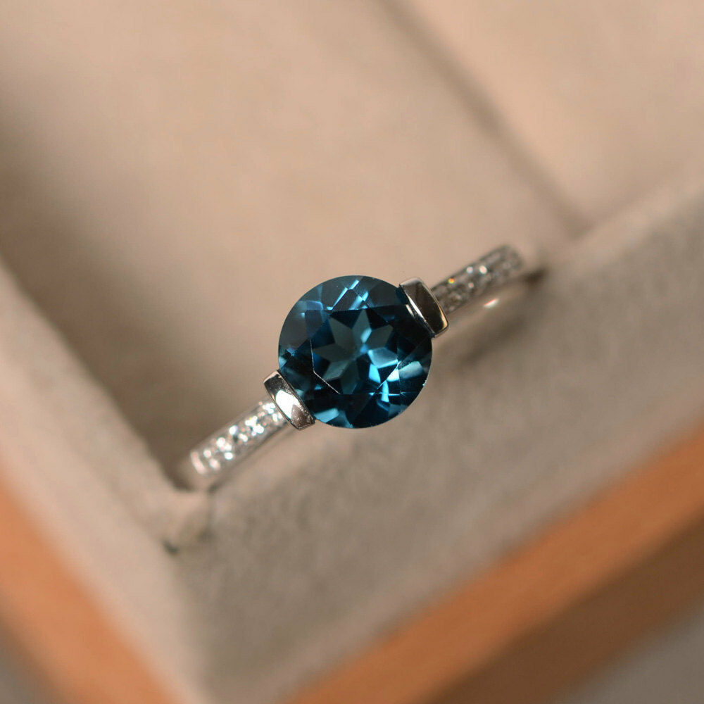 1 CT Round London Blue Topaz 14k White Gold FN Solitaire Engagement Diamond Ring - atjewels.in