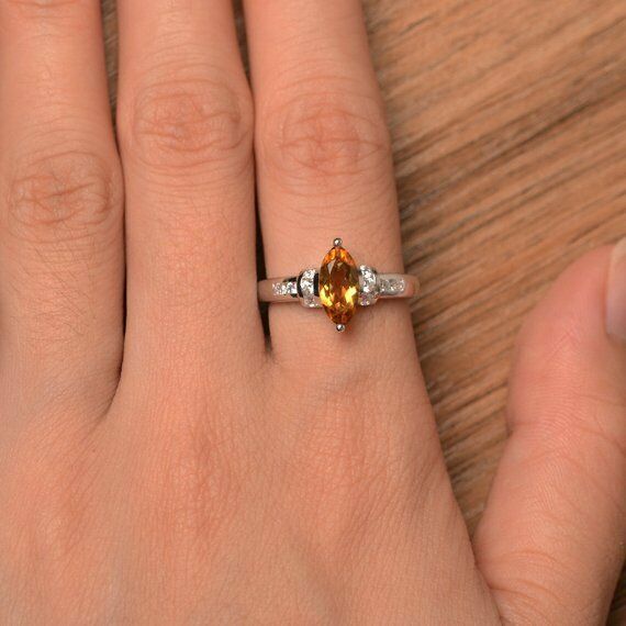 14k White Gold Over Marquise Cut Yellow Citrine & Diamond Womens Engagement Ring - atjewels.in