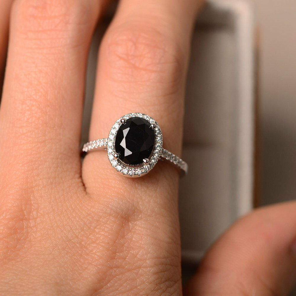 2 CT Oval Cut Black & White Diamond 14k White Gold Over Halo Engagement Ring - atjewels.in