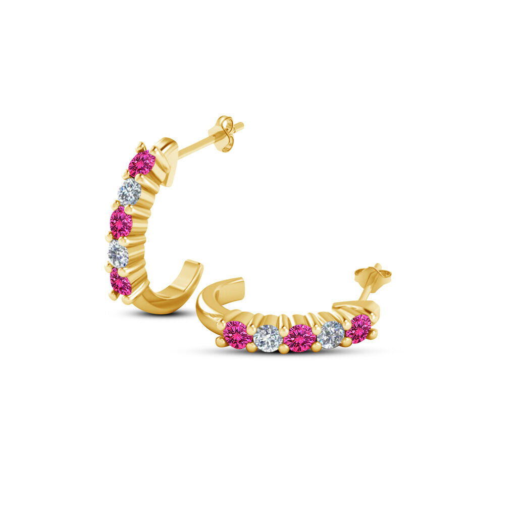 14K Yellow Gold Over 925 Sterling Pink Sapphire & White CZ J Shape Stud Earrings - atjewels.in