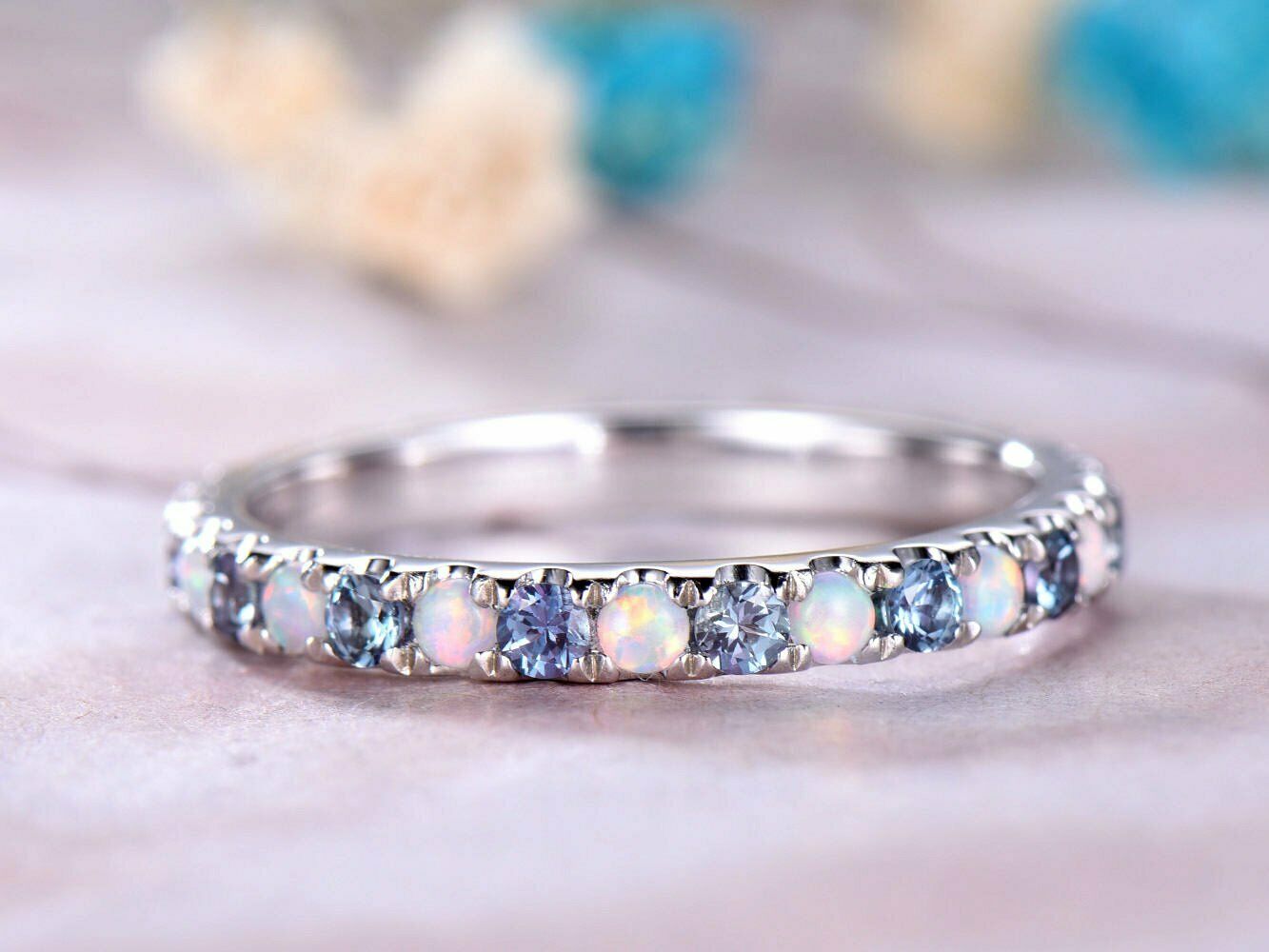 1.5 CT Round Cut Alexandrite Opal 14k White Gold Over Eternity Wedding Band Ring - atjewels.in