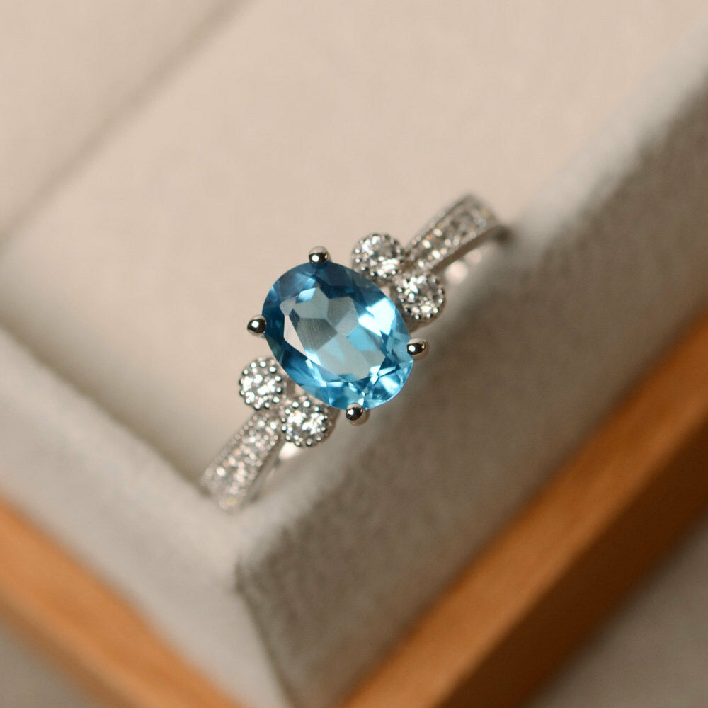1 CT Oval Swiss Blue Topaz 14k White Gold Over Diamond Solitaire Engagement Ring - atjewels.in