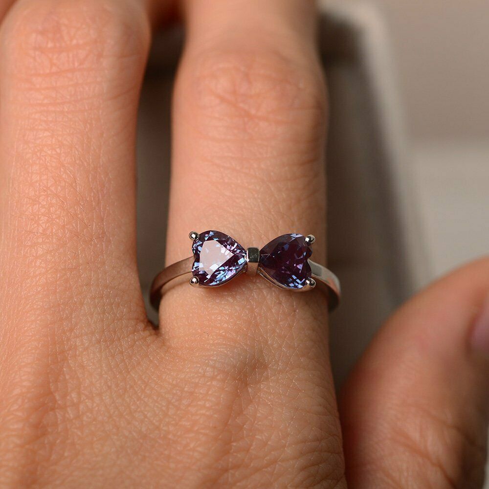 1 CT Heart Cut Alexandrite 14k White Gold Over Double Heart Bow Wedding Ring - atjewels.in