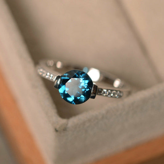 1 CT Round London Blue Topaz 14k White Gold FN Solitaire Engagement Diamond Ring - atjewels.in