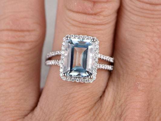 14k White Gold Over 4 CT Emerald Cut Aquamarine & Diamond Halo Split Shank Ring - atjewels.in