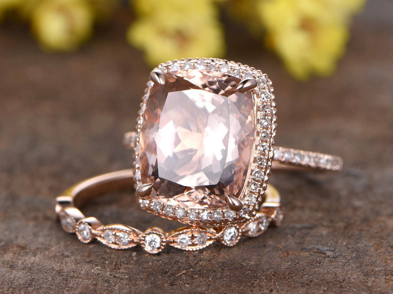 5 CT Cushion Cut Morganite Wedding Diamond Bridal Ring Set 14k Rose Gold Finish - atjewels.in
