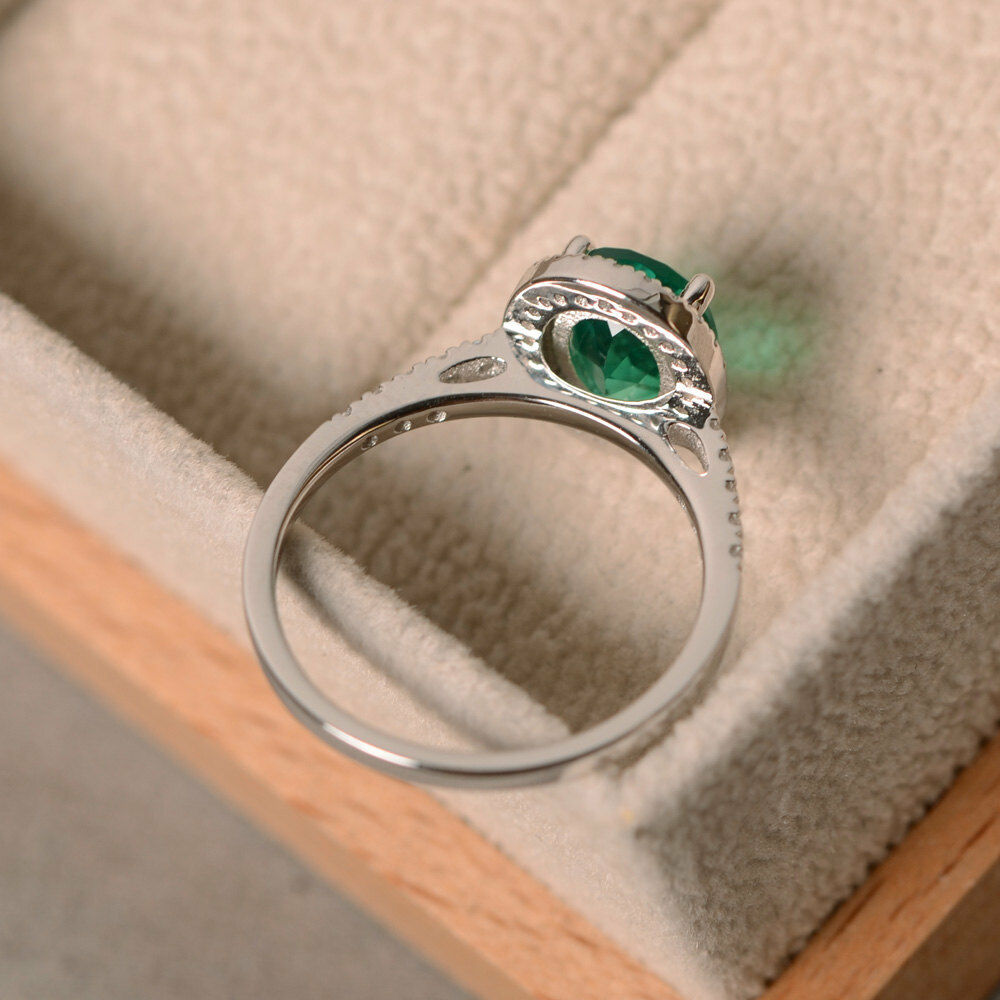 1.5 CT Oval Cut Emerald 14k White Gold Over Halo Diamond Engagement Wedding Ring - atjewels.in