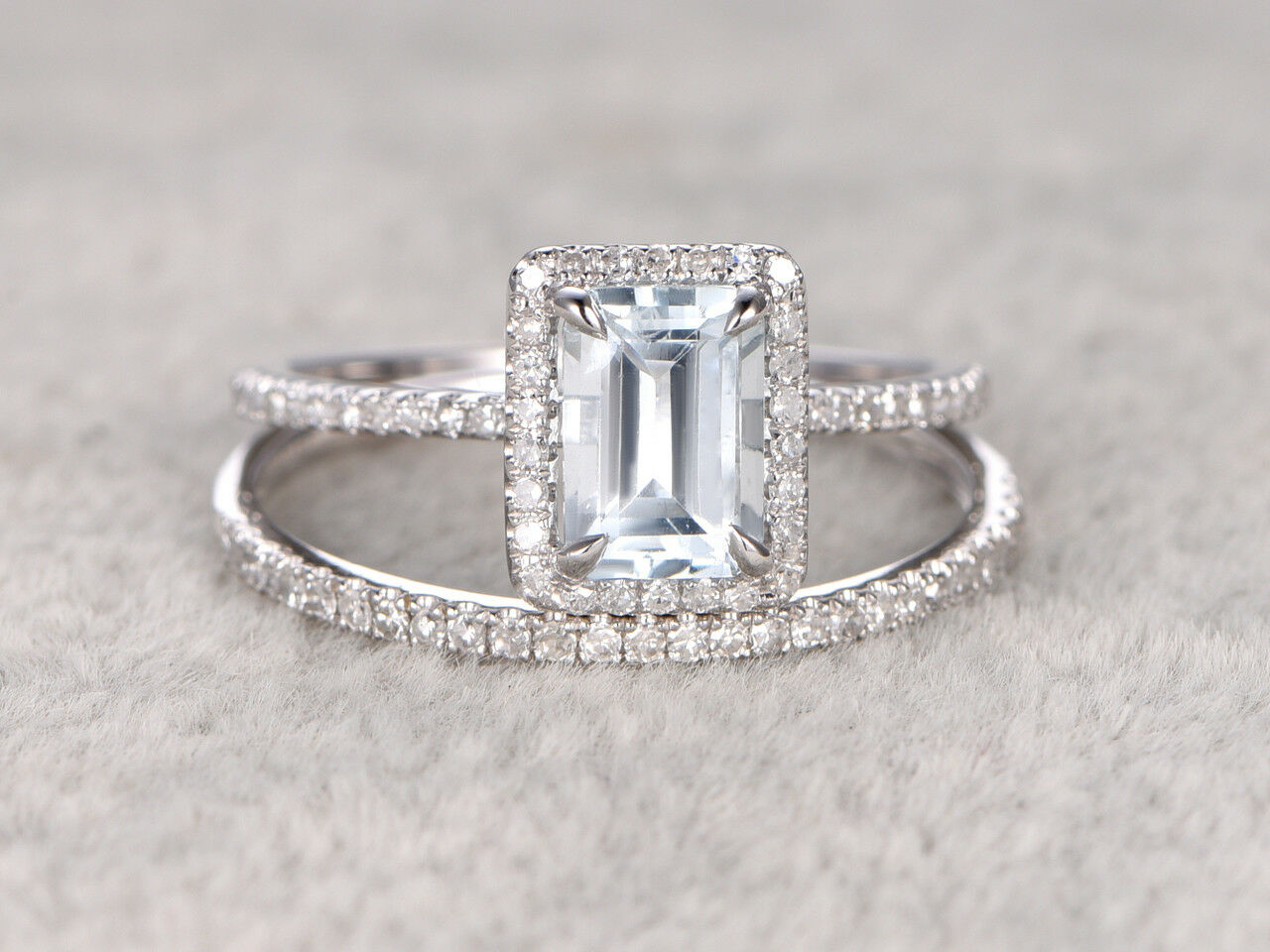 14k White Gold FN 2 CT Emerald Cut Aquamarine Diamond Engagement Bridal Ring Set - atjewels.in