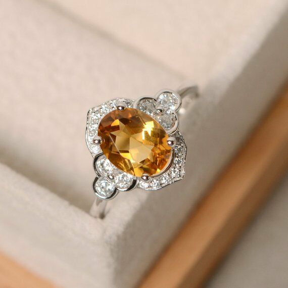 1 CT Oval Cut Citrine & Diamond 14k White Gold Over Halo Engagement Women's Ring - atjewels.in