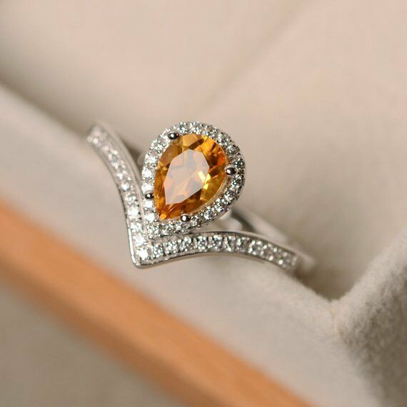 1 CT Pear Cut Citrine & Diamond 14k White Gold Over Halo Engagement Womens Ring - atjewels.in
