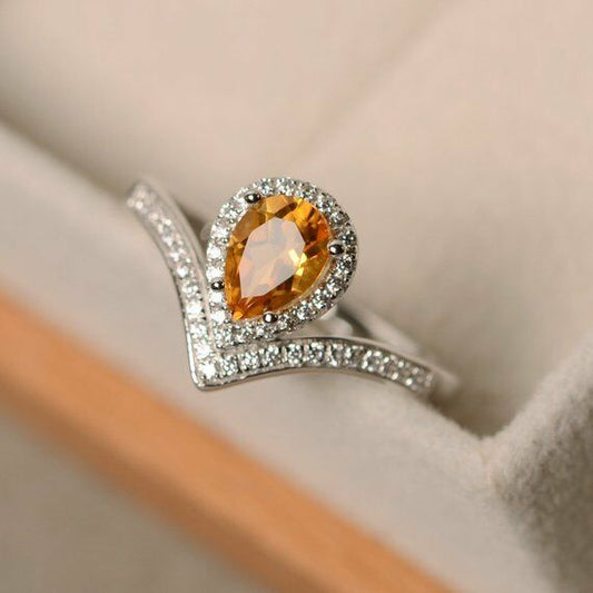1 CT Pear Cut Citrine & Diamond 14k White Gold Over Halo Engagement Womens Ring - atjewels.in