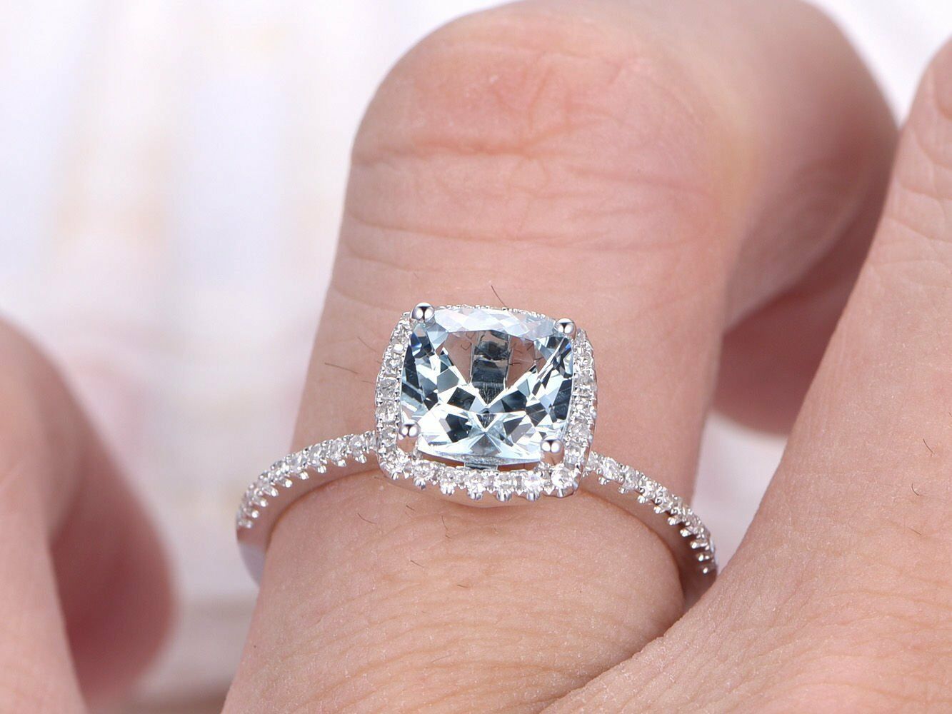 2 CT Cushion Cut Aquamarine 14k White Gold Over Diamond Halo Wedding Bridal Ring - atjewels.in