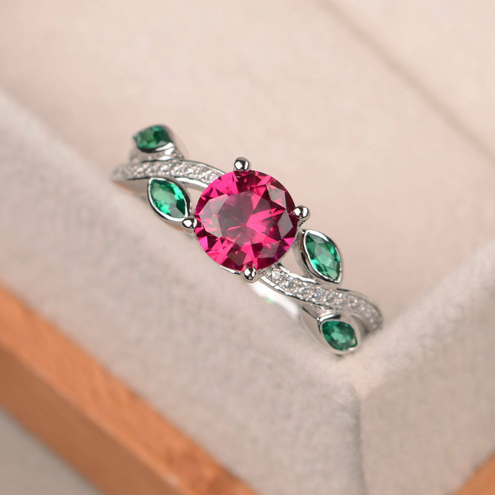 14k White Gold Over 1 CT Ruby & Emerald Solitaire Leaf Diamond Engagement Ring - atjewels.in