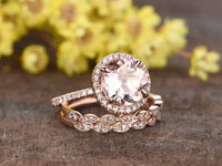 2.3 CT Round Morganite 14k Rose Gold Over Diamond Halo Trio Set Engagement Ring - atjewels.in
