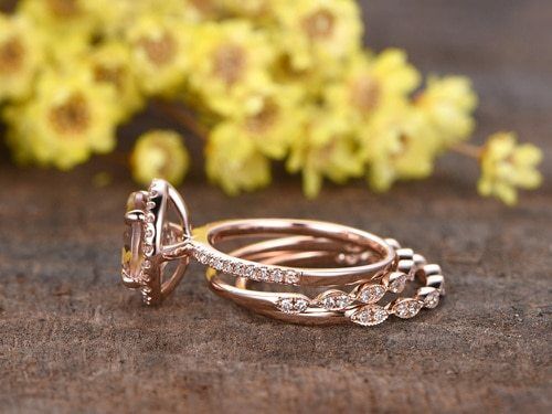 2.3 CT Round Morganite 14k Rose Gold Over Diamond Halo Trio Set Engagement Ring - atjewels.in