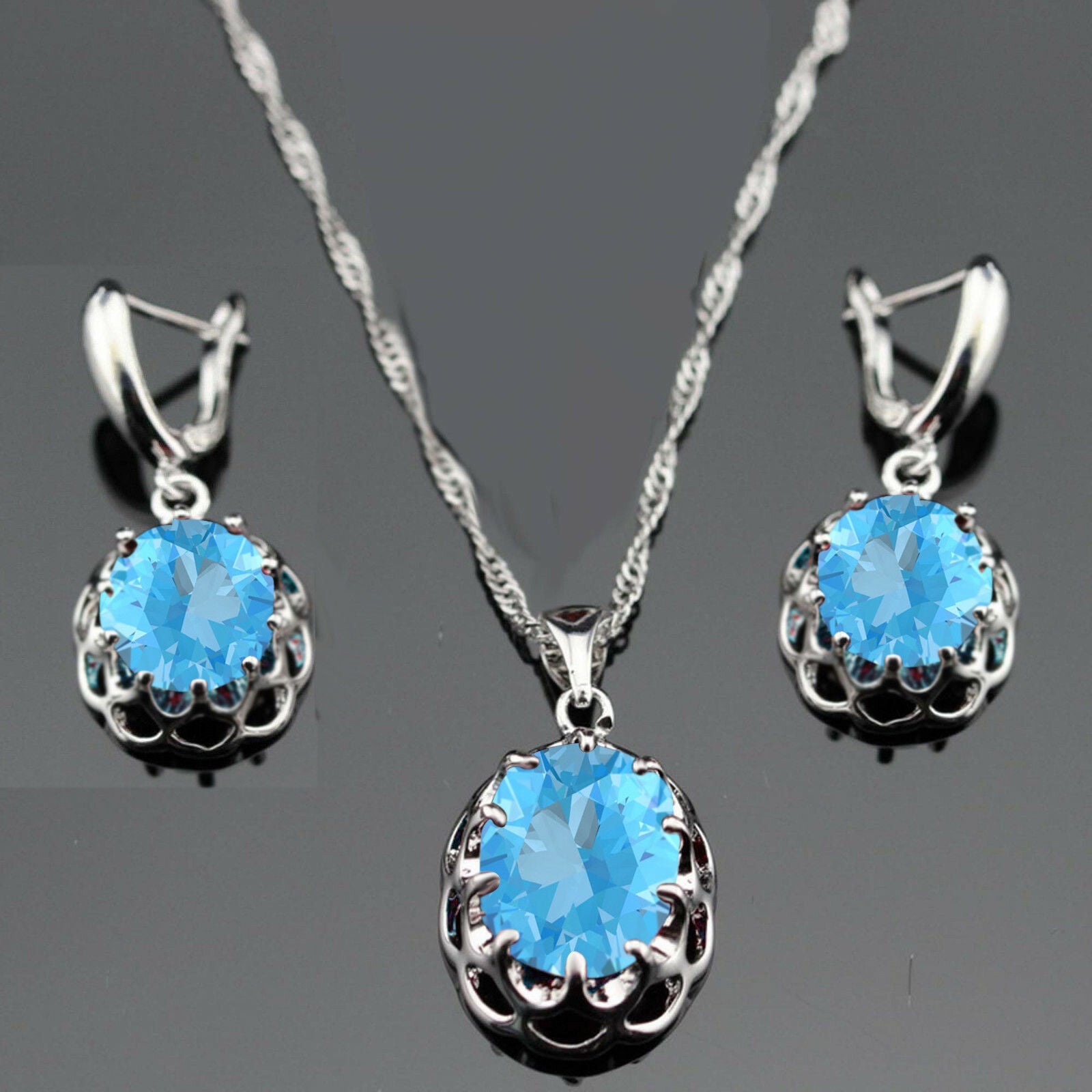 Classic 925 Sterling Silver Oval Cut Aquamarine Pendant & Earrings Jewelry Set - atjewels.in