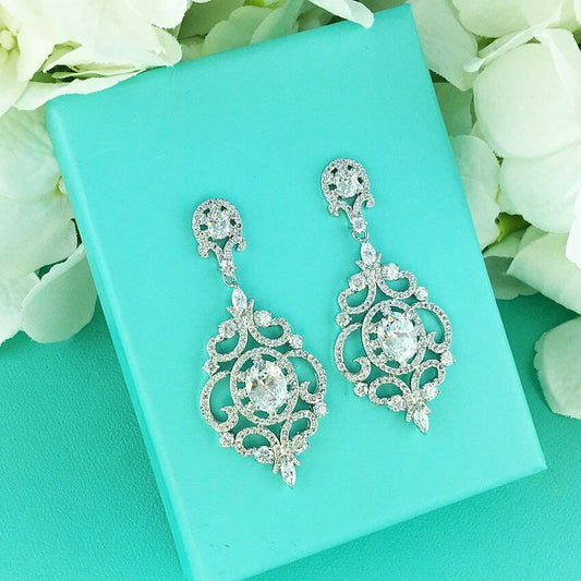 3 CT Oval Round Cut Diamond 14k White Gold Over Cluster Chandelier Drop Earrings - atjewels.in