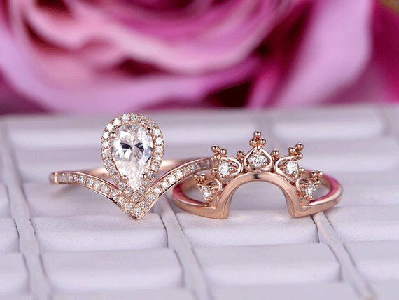 2 CT Pear Morganite Diamond 14k Rose Gold Over Bridal Set Crwon Engagement Ring - atjewels.in