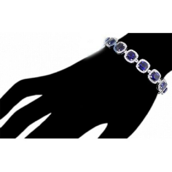 30 CT Cushion Cut Sapphire 14k White Gold Over Diamond Halo Tennis 7" Bracelet - atjewels.in