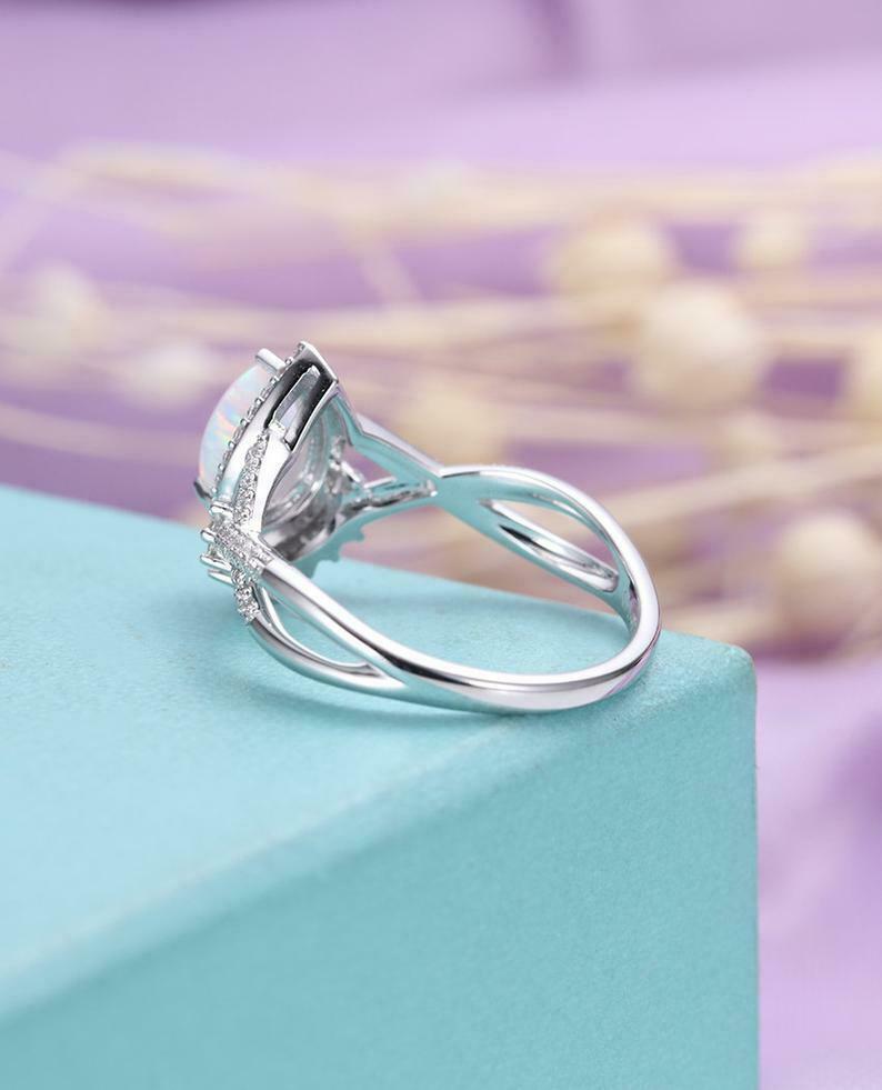 2 CT Pear Cut White Fire Opal 14k White Gold Over Diamond Vintage Halo Ring Set - atjewels.in