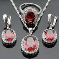 Oval Cut Red Ruby 14k White Gold Over Diamond Pendant Ring Earrings Jewelry Set - atjewels.in