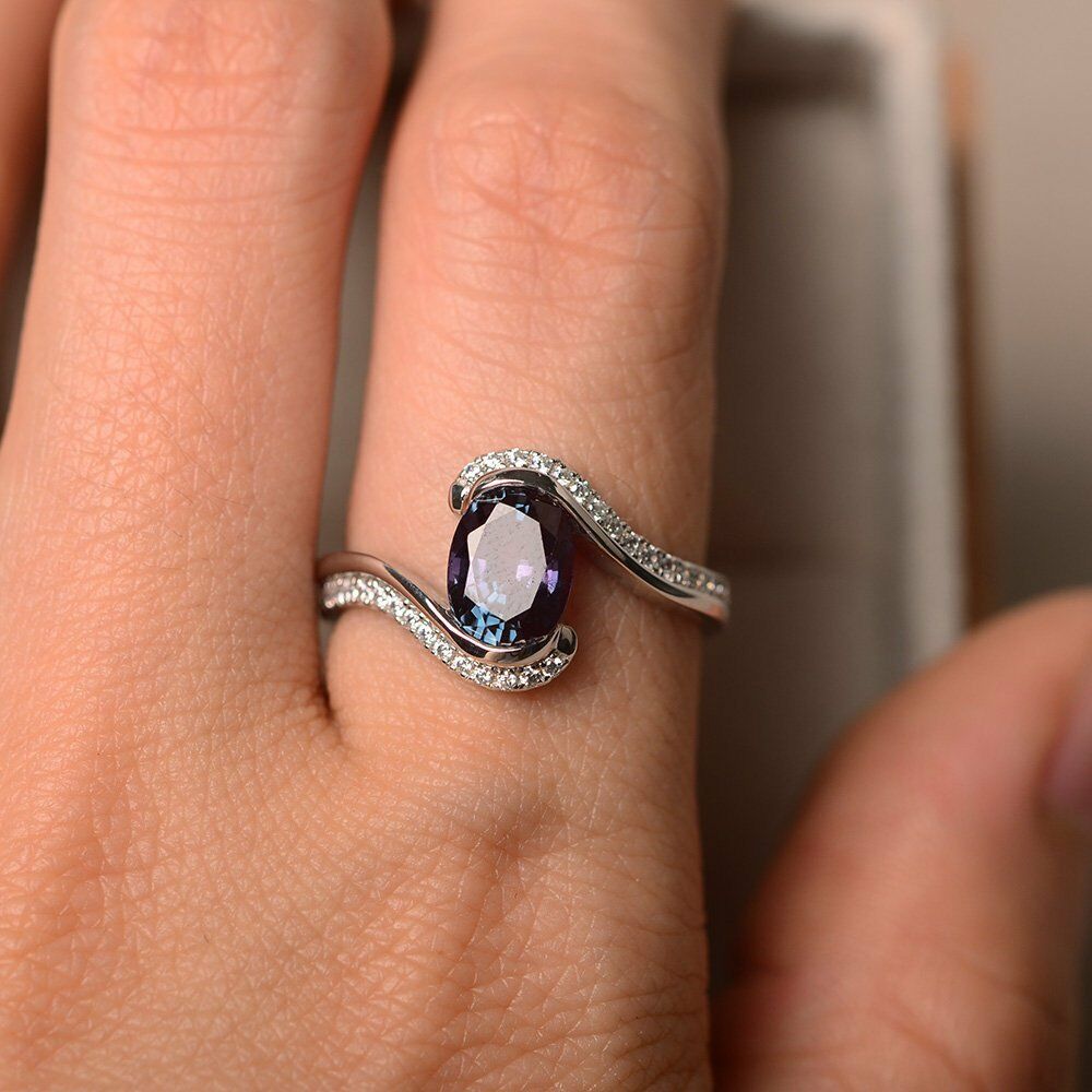 14k Solid White Gold Over 2CT Oval Cut Alexandrite Diamond Solitaire Bypass Ring - atjewels.in