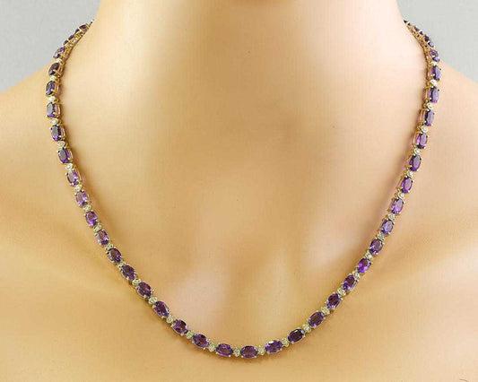 25 CT Oval Cut Amethyst 14K Yellow Gold Over Diamond Tennis Bridal 18" Necklace - atjewels.in