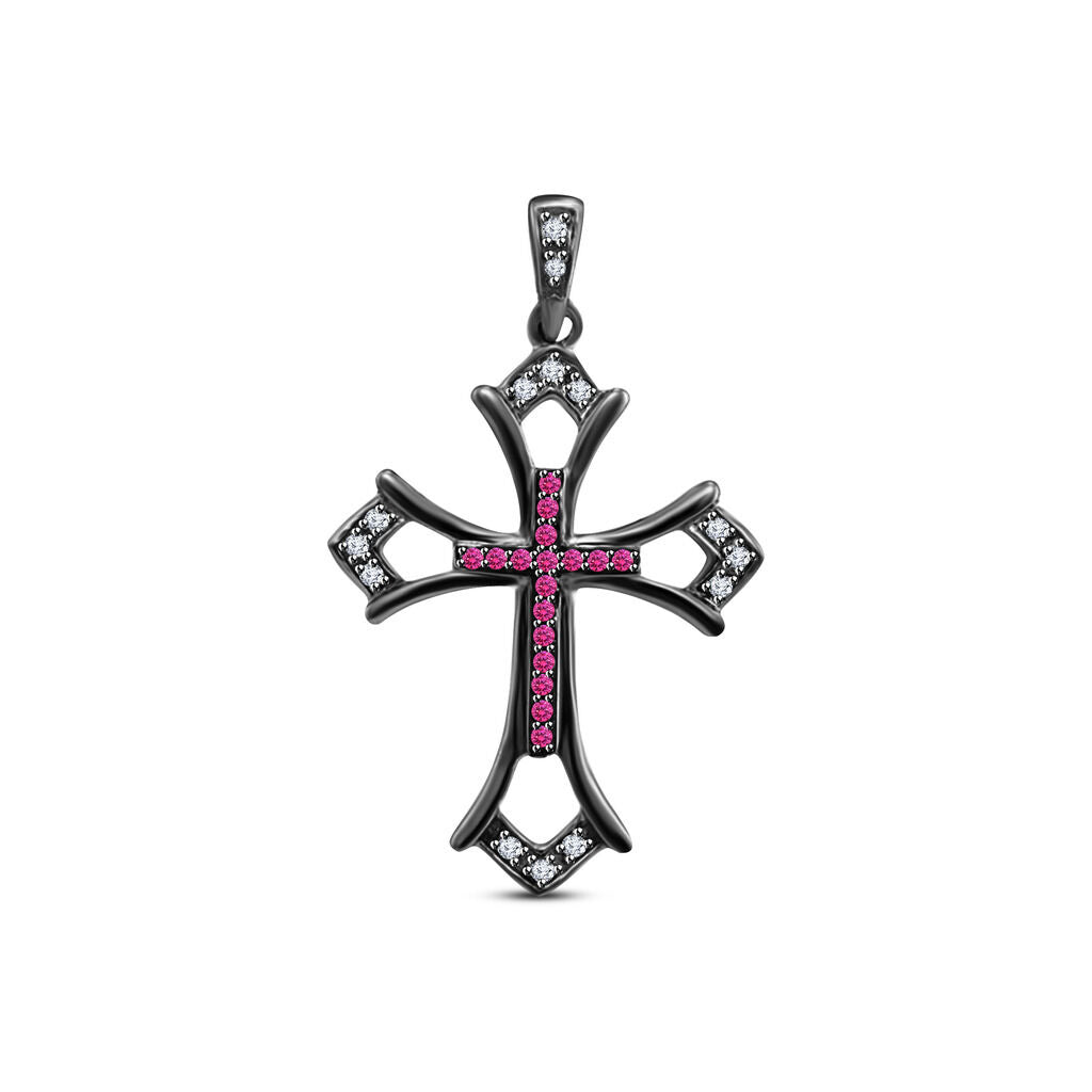 Round Pink Sapphire & White Cubic Zirconia Full Black 925 Sterling Cross Pendant - atjewels.in