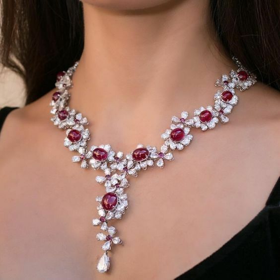 14k White Gold Over Oval Cut Cabochon Ruby Diamond Drop Wedding Party Necklace - atjewels.in