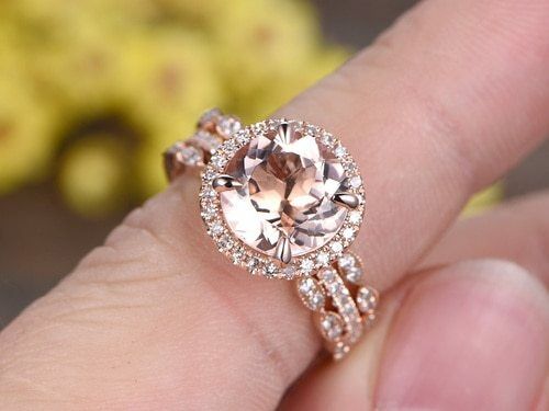 2.3 CT Round Morganite 14k Rose Gold Over Diamond Halo Trio Set Engagement Ring - atjewels.in
