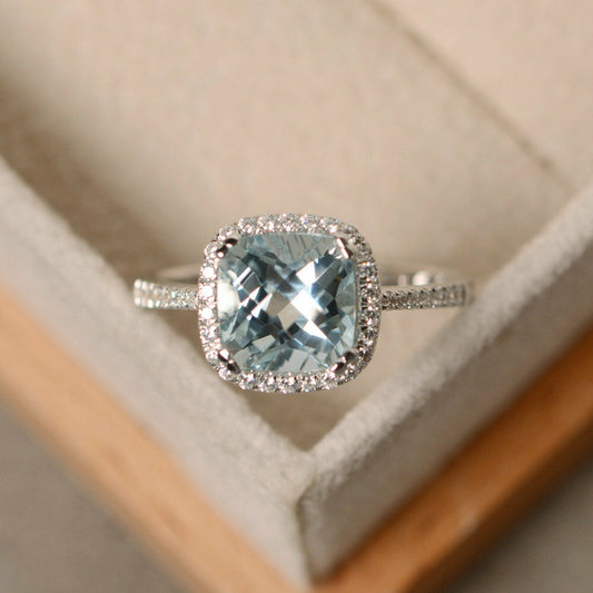 14k Solid White Gold Over Cushion Cut Aquamairne & Diamond Halo Engagement Ring - atjewels.in