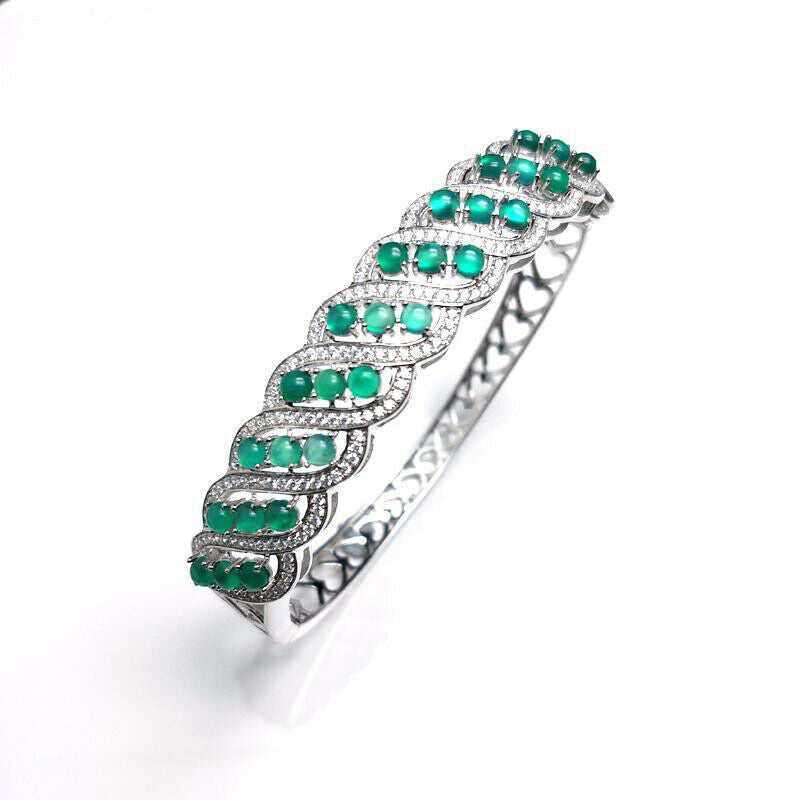 10 CT Round Cut Green Agate & Diamond 14k White Gold Over Hinged Bangle Bracelet - atjewels.in
