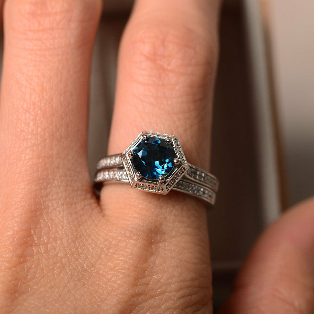 14k White Gold Over 2CT Round Cut London Blue Topaz Halo Diamond Engagement Ring - atjewels.in