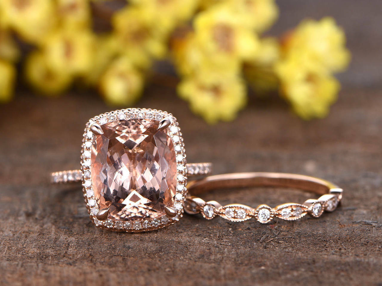 5 CT Cushion Cut Morganite Wedding Diamond Bridal Ring Set 14k Rose Gold Finish - atjewels.in