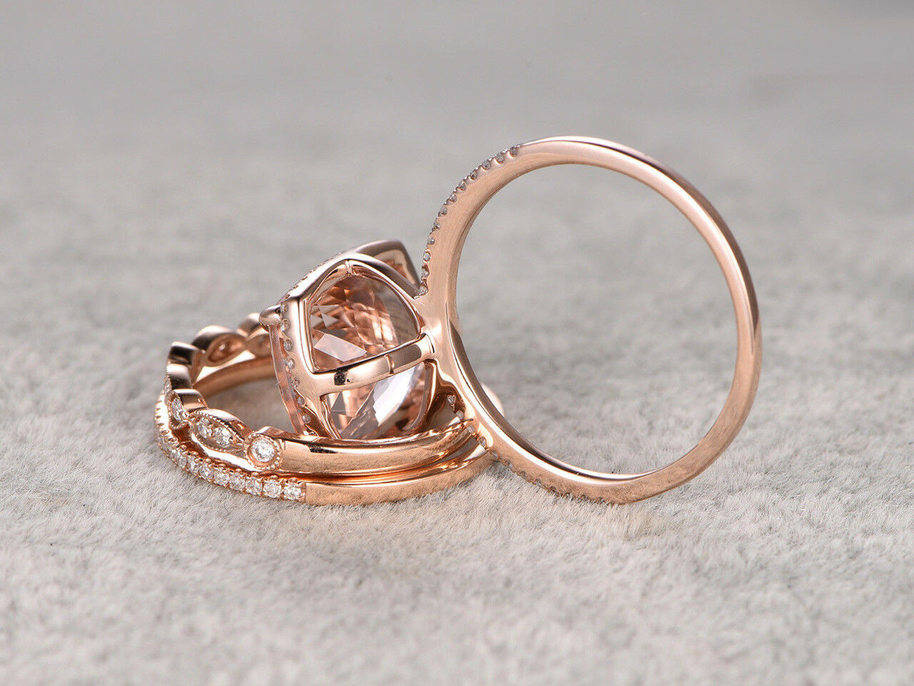 2 CT Cushion Cut Morganite Wedding Set Trio Diamond Ring 14k Rose Gold Over - atjewels.in