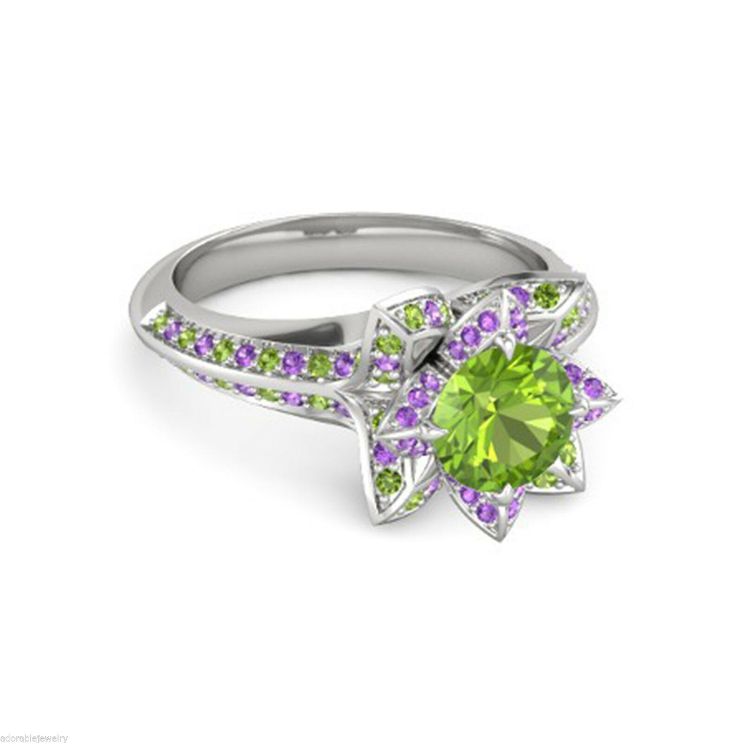 2 CT Round Cut Peridot & Amethyst Lotus Engagement Ring 14k White Gold Over - atjewels.in