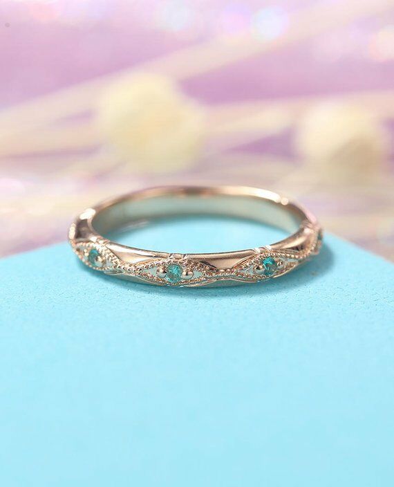 14k Rose Gold Over 0.35 CT Round Cut Green Emerald Wedding Anniversary Band Ring - atjewels.in