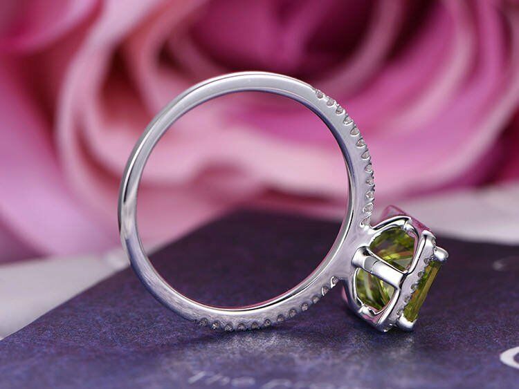 2.5 CT Emerald Cut AAA Peridot 14k White Gold Over Halo Diamond Engagement Ring - atjewels.in